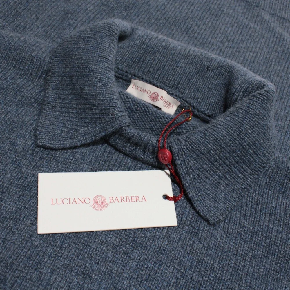 Luciano Barbera NWT Collared Knit Sweater Size 56 (US XXL) in Blue 100% Cashmere